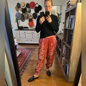 Pink velvet embroidered harem pants from Anthropologie